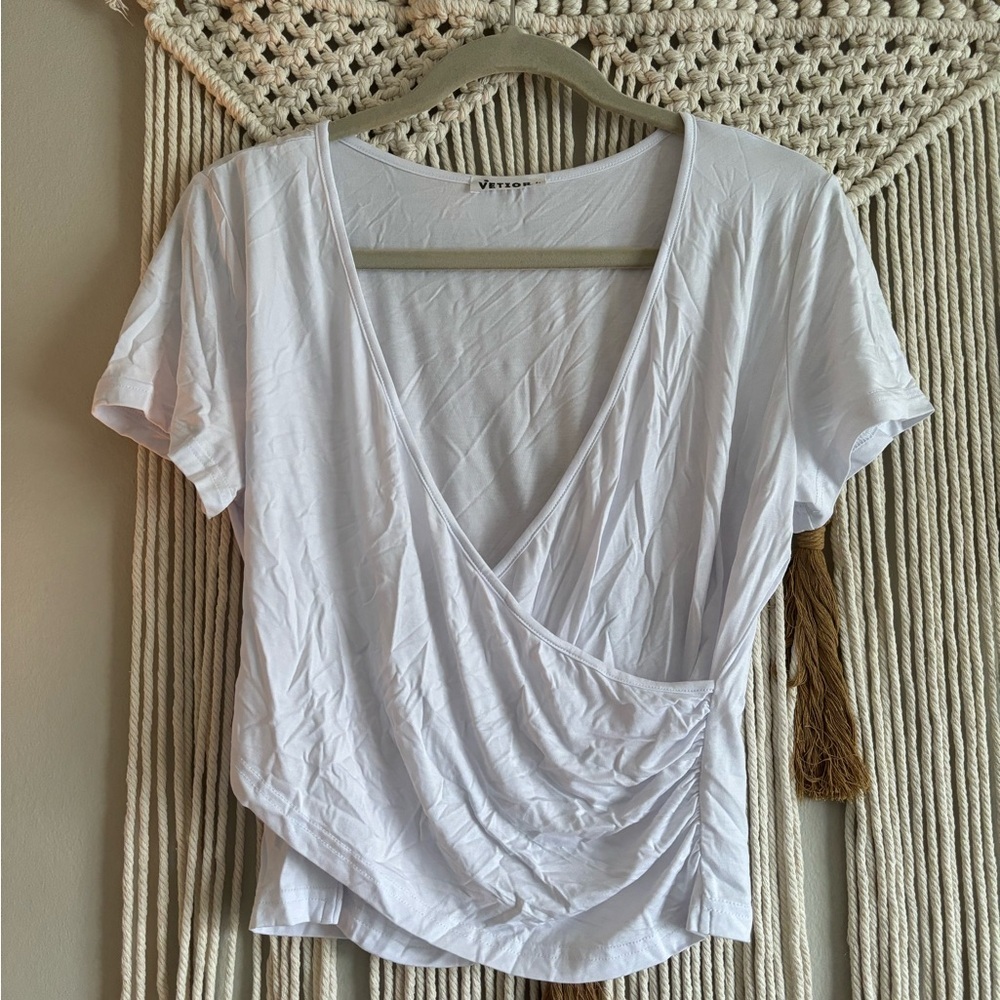 Versona White Short-Sleeve Wrap Crop Top